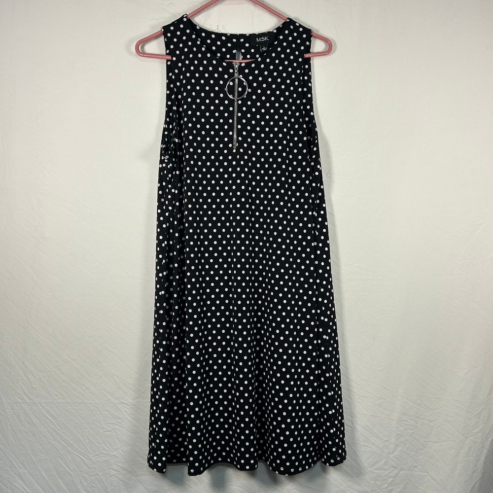 MSK Shift Dress Womens Large Black Polka Dot Ring Zipper Sleeveless A-Line